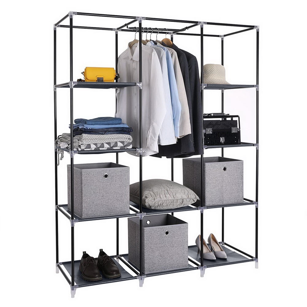 67" Portable Closet Organizer Wardrobe Storage Organizer with 10 Shelves, Gray