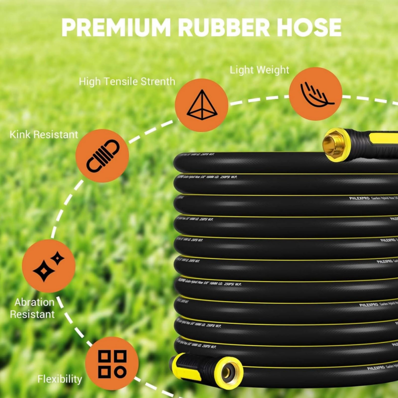 Gewna 5/8''x 50 ft Heavy-Duty Garden Hose Burst Proof Rubber 3 Layer Water Hose 250 Psi