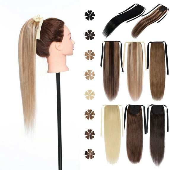MY-LADY 20 inch Straight 100% Remy Human Hair Ponytail Extension For Women Straight Binding Tie up Ponytail Wrap #12P613 Golden Brown & Bleach Blonde