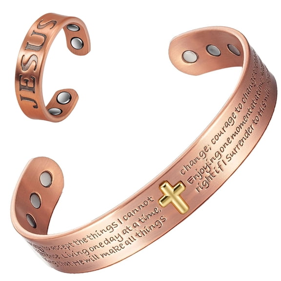 Wollet Copper Magnetic Bracelets & Ring for Women Men, Cross Copper Jewelry Set, Valentine's Day Gift