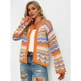 thumbnail image 6 of Women'S Multicolored Striped Crochet Knit Cardigan Crew Neck Flared Sleeve Button Y2K Sweater Coat Orange M, 6 of 10