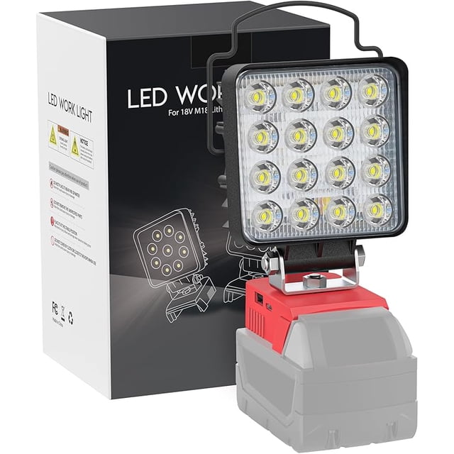 LED Luz de Trabajo Portátil para Batería de Milwaukee de 18v, Luces de Inundación Inalámbricas de 60W 6000LM con Protección de Bajo Voltaje y Puerto de Carga USB y Tipo C