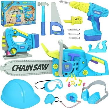 EXERCISE N PLAY Toddler Tool Set with Electric Chainsaw, Drill - 16 Piece Construction Toy, Blue
