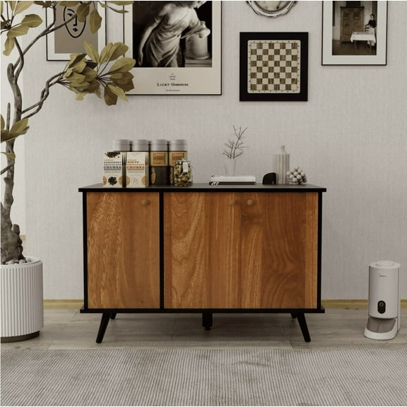 Litter Box Enclosure, Cat Litter Box Furniture with Hidden Plug, 3 Doors,Indoor Cat Washroom Storage Bench Side Table Cat House, Large Wooden Enclused Litter Box House, Black and Walnut