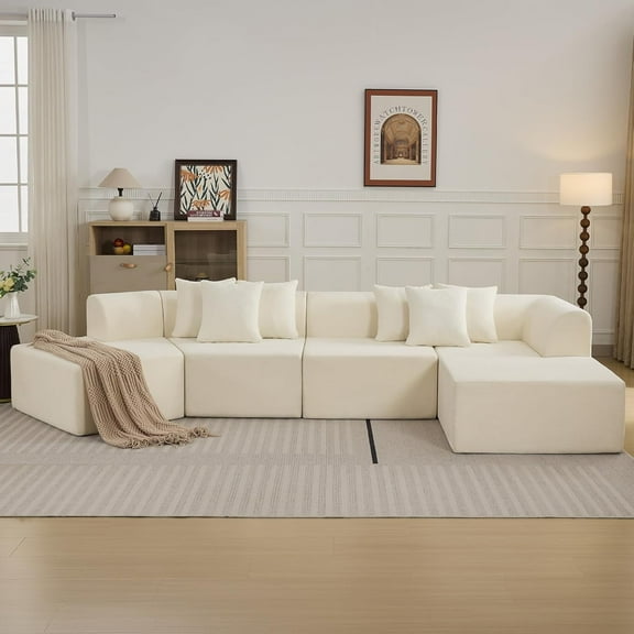 DOMICARE 140'' Oversized Curved Sectional Couch, Boneless Cloud Couch with L-Shape Chaise, Upholstered Compression Memory Foam Modular Sectional Sofa for Living Room, No Assembly Required, Beige