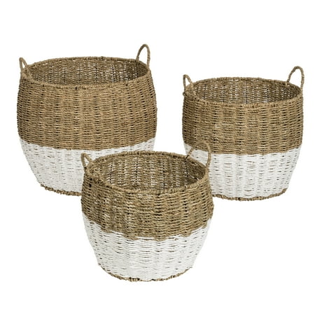 Honey Can Do Set of 3 Round Nesting Seagrass 2-Color Storage Baskets with Handles, Natural & White