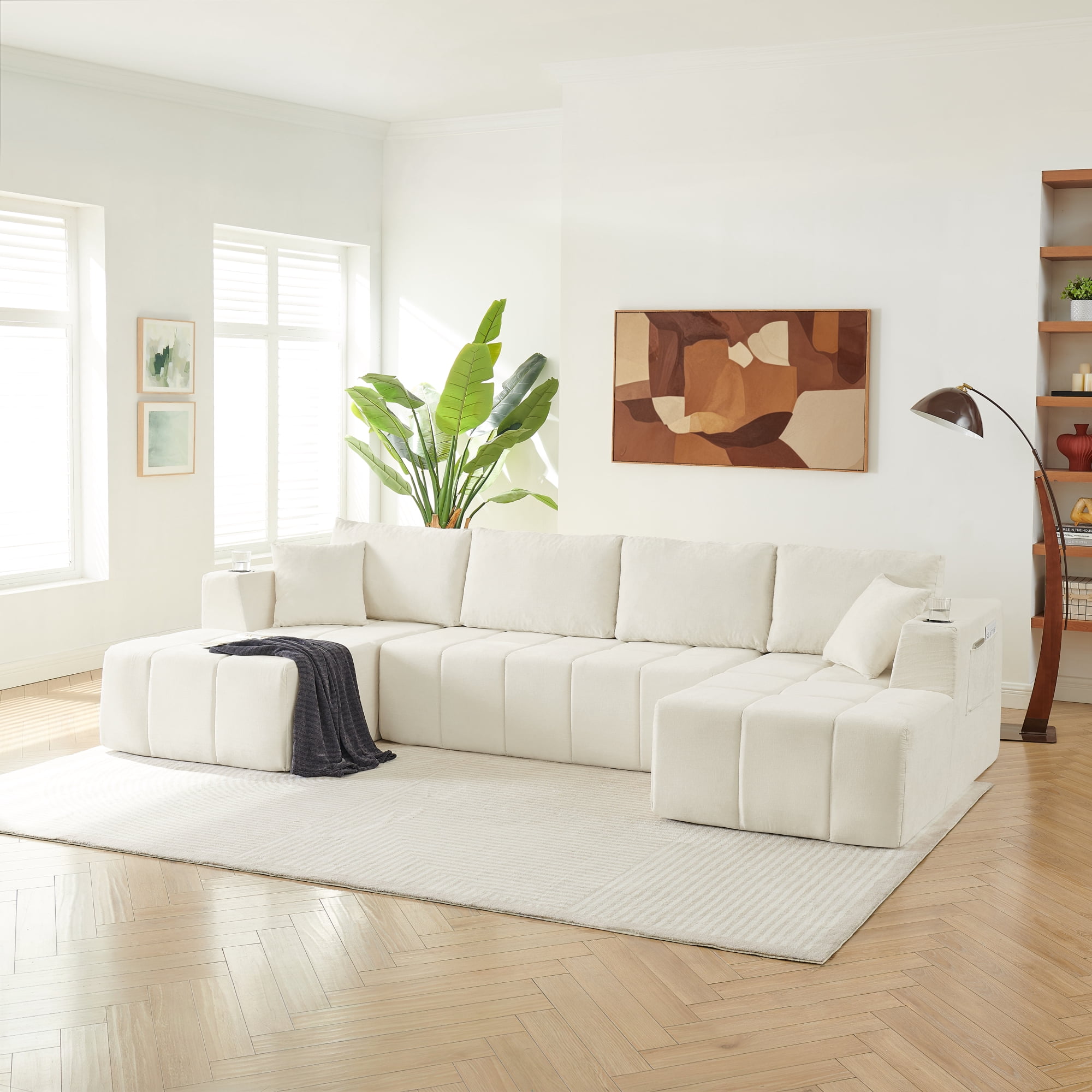 Leumius 132" U Shaped Sectional Sofa,Chenille Boneless Couch, Modern 4-Seat Upholstered Cloud Couch Sectional with Deep Seat and Cup Holders for Living Room,No Assembly Required,Beige
