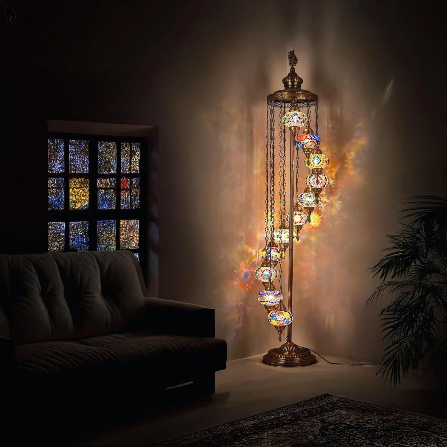 DEMMEX 11-Globe Turkish Moroccan Mosaic Floor Lamp, 7ft Handmade Bohemian Standing Light, Tall Tiffany-Style Decorative Lamp with Mosaic Glass Globes – Handmade in Turkey (Multicolor)