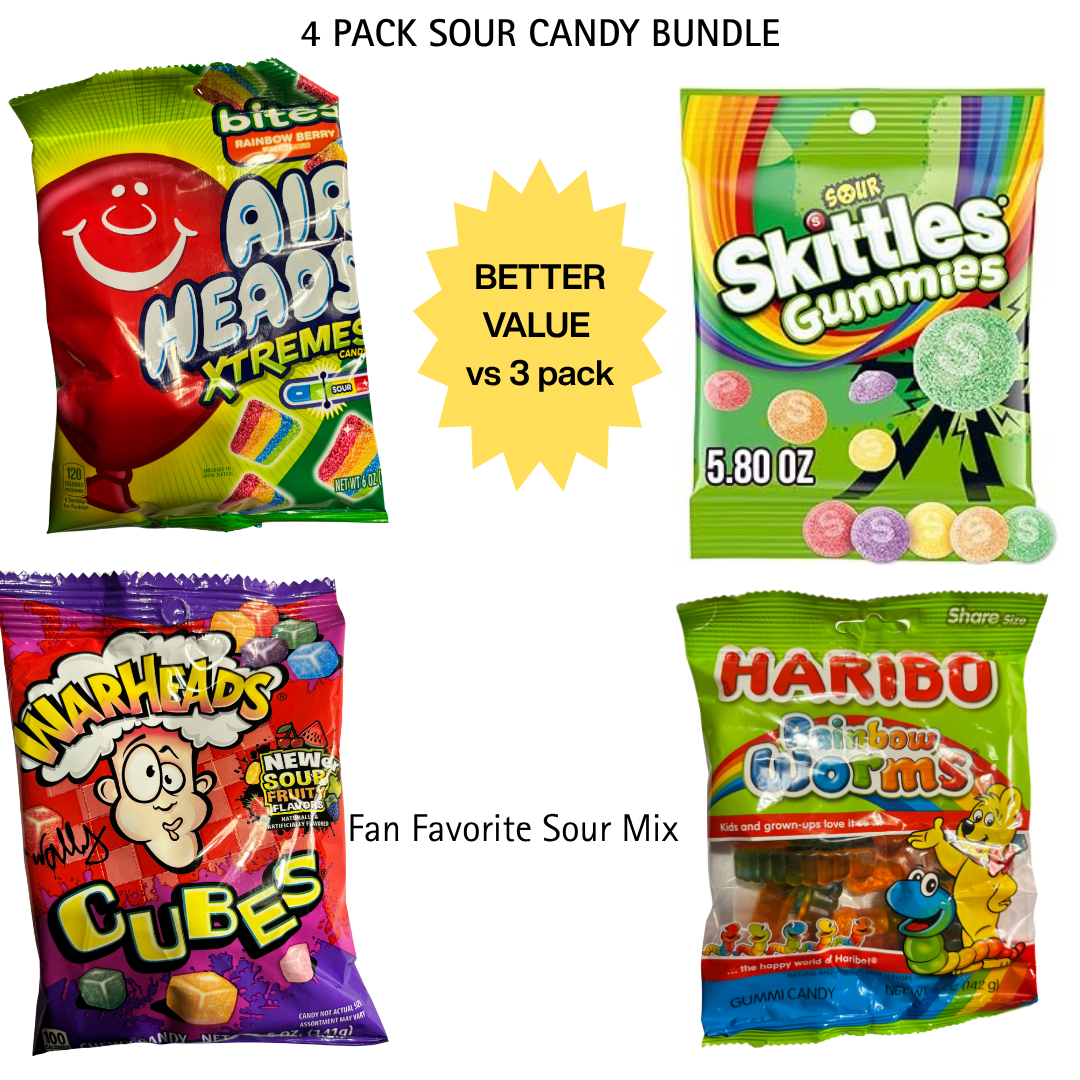 Sour & Gummy  Candy Variety Pack, 4 Bags (21.8 oz Total) - Airheads Xtremes, Skittles Sour Gummies, Warheads Cubes & Haribo Gummies, Chewy Candy Mix