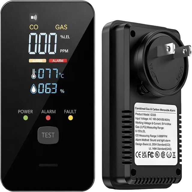 4-in-1 Gas Detector Alarm with HD LCD Screen, Plug-In Real-Time Monitor for Home, Apartment, RV, Hotel, No Batteries Required, 1 Pack