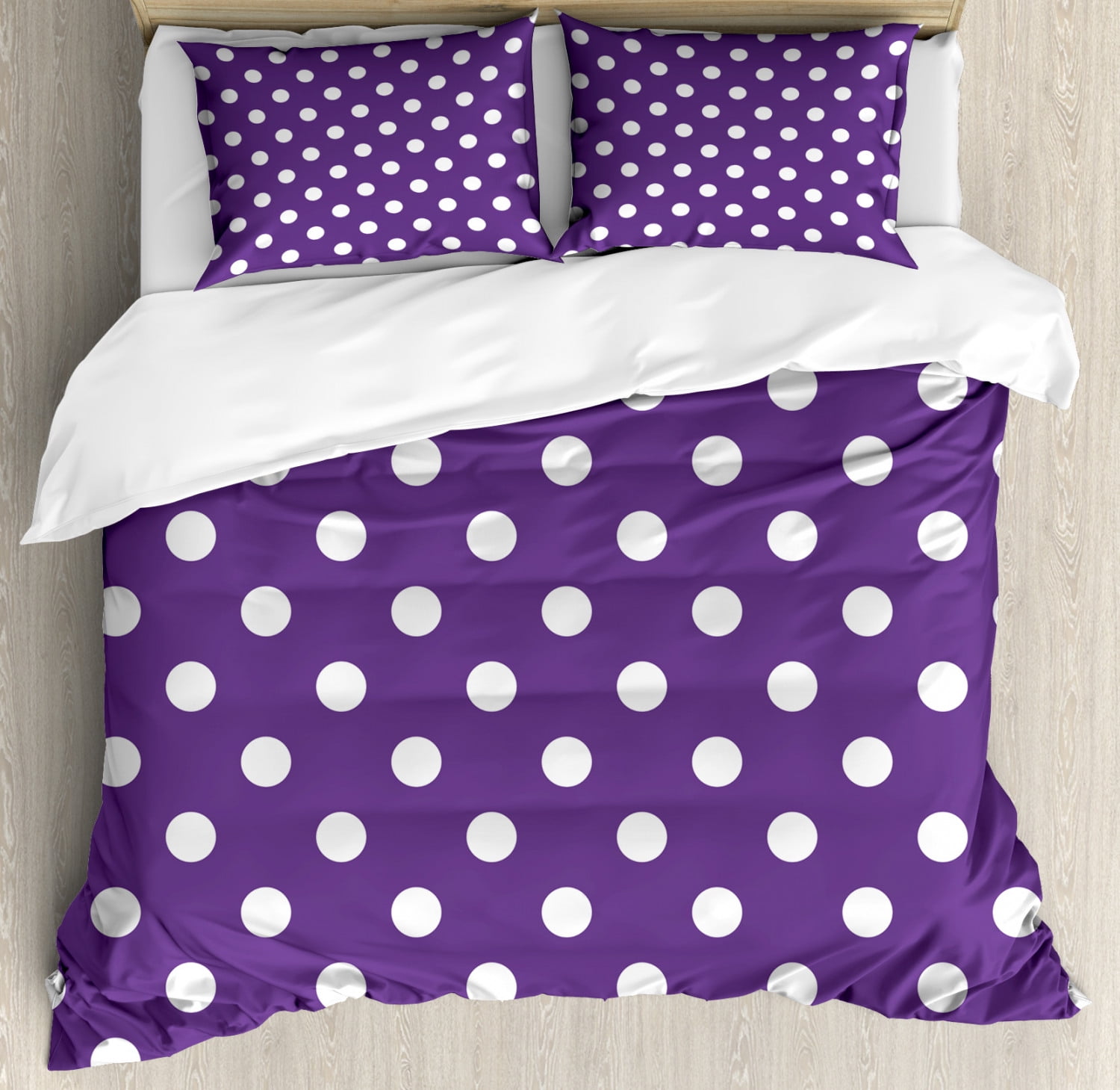 Eggplant Queen Size Duvet Cover Set, Polish White Orderly Polka Dots and Purple Background with