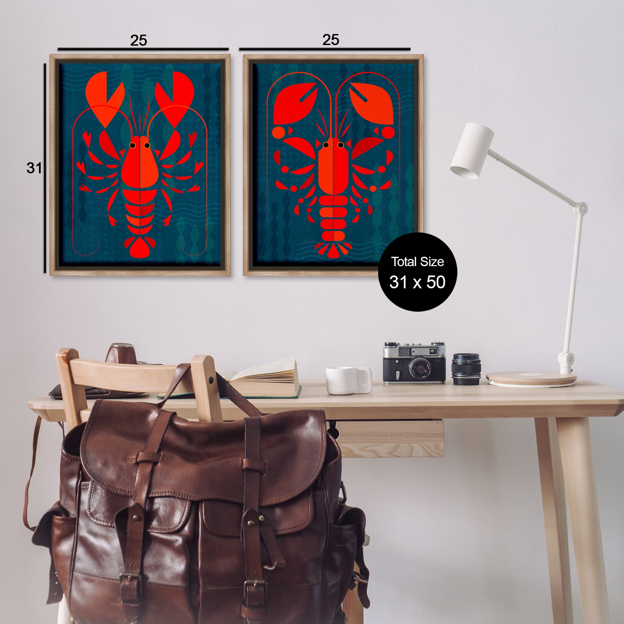 Stupell Industries Bold Red Lobsters Nautical & Beach Painting Brown Floater Framed Canvas Art Print Wall Art, 31 x 25, Set of 2