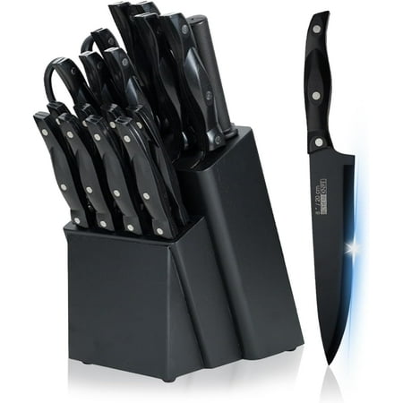 

Kitchen Knife Set with Block Professional 19 Piece Chef Knife Set with 6 Steak Knife Set & Knife Sharpener High Carbon Stainless Steel Knife Block Set Anti-stick Ergonomic Handle (Black)