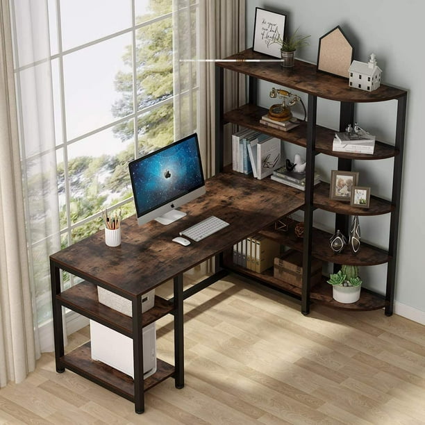 Tribesigns Industrial Computer Desk with 5 Tier Storage Shelves, 67 inch Large Office Desk Study ...