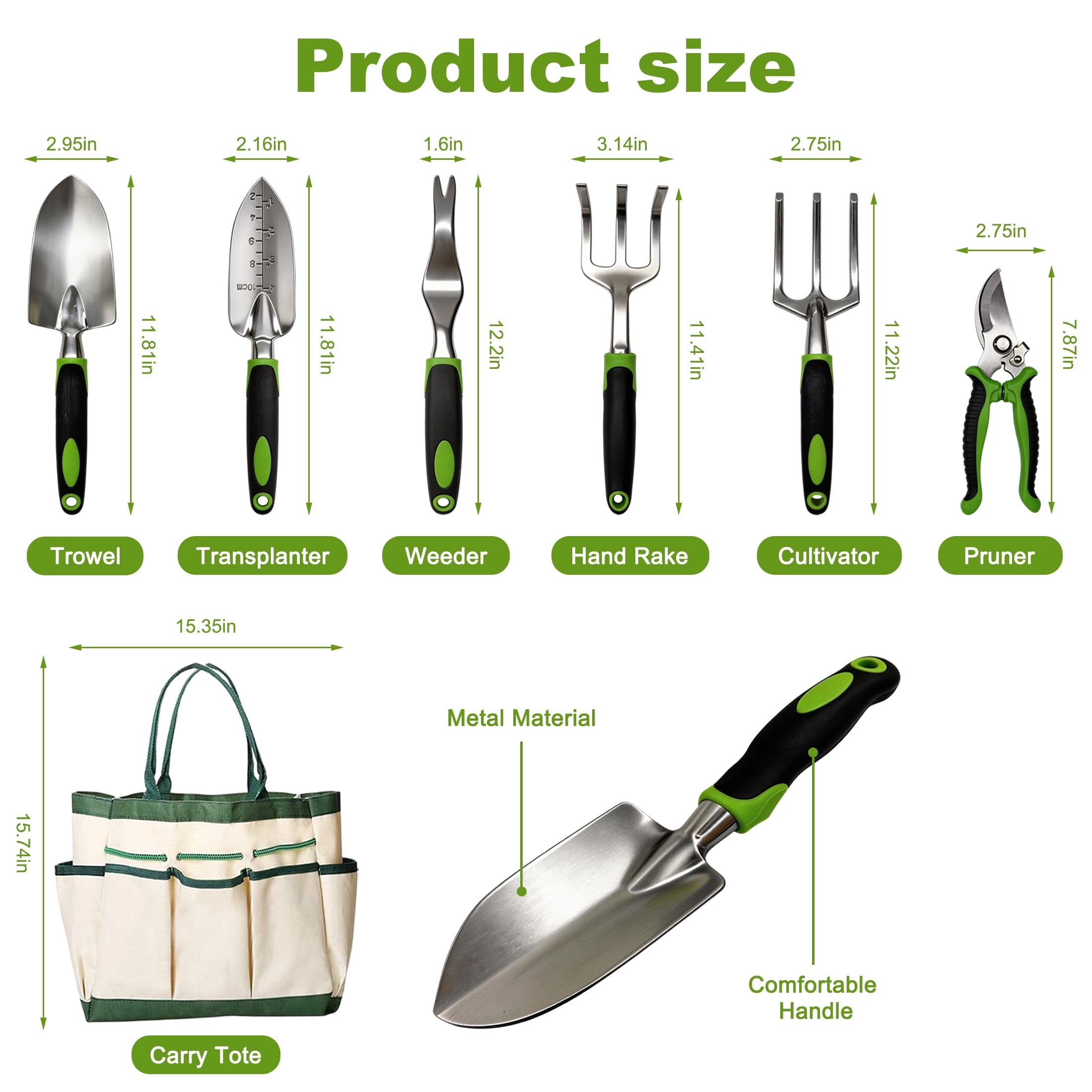 12 Piece Garden Tool Set, Heavy Duty Stainless Steel Gardening Tools with Ergonomic Handles, Canvas Tote Bag & Gloves for Planting, Pruning, Weeding, Garden Gifts Supplies