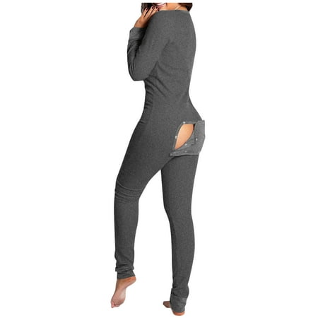 

Eyicmarn Womens Butt Flap Jumpsuit Long Sleeve V Neck Bodycon Romper Pajamas Sleep Night Wear Onesie