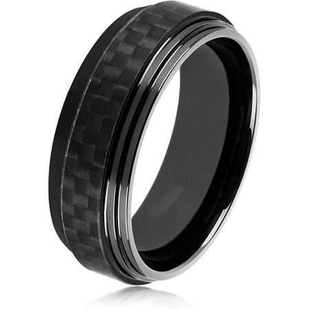 Crucible Black IP Polished Stainless Steel Carbon Fiber Ridged Ring (8mm)