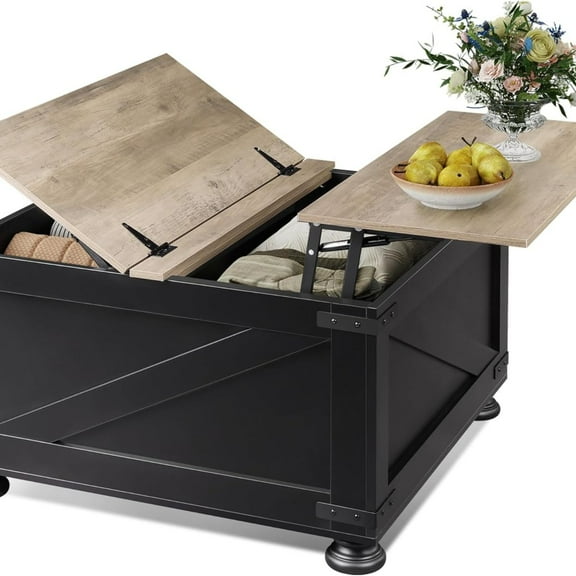 Farmhouse Lift Top Coffee Table with Storage, 31.5" Square Center Table, Flip-Top Hidden Compartment, Wood-Grain Coffee Table for Living Room, Bedroom, Black