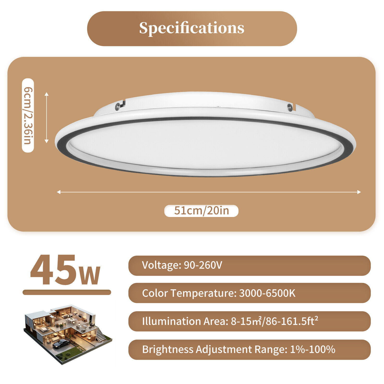Depuley/DINGLILIGHTING 20" LED Flush Mount Ceiling Light – Dimmable With Remote, 3000K-6000K, 120V, Modern Industrial, 1-Year Warranty