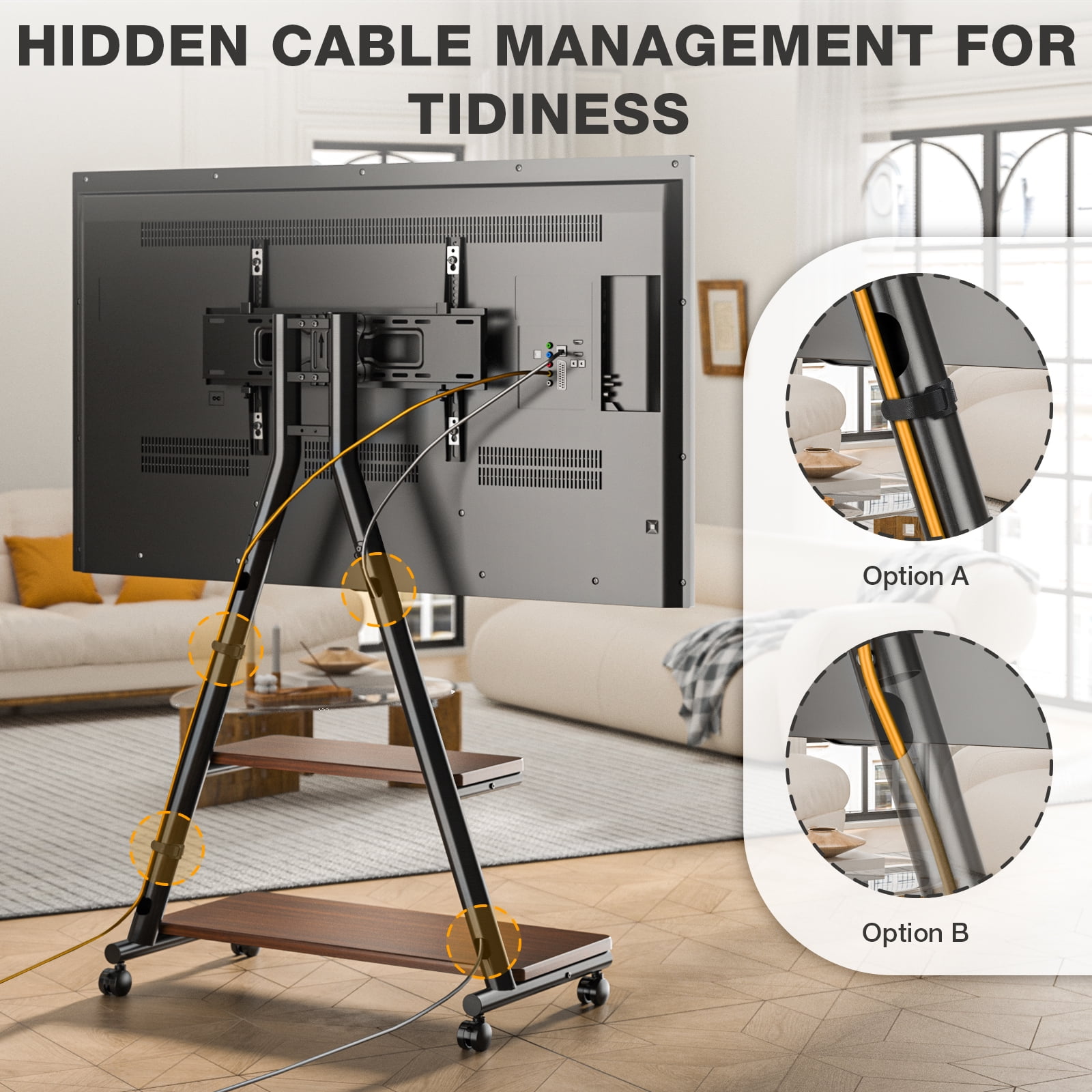 RTVR Rolling TV Stand for 43-80" Screens, Portable Mobile TV Stand on Wheels with Enhanced Triangular Design Storage Shelves up to 150 lbs, Brown