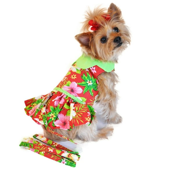 DOGGIE DESIGN Hawaiian Red Hibiscus Dress with Matching Leash (XS)