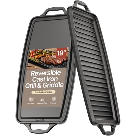 BAKKENMASTER Bakken 19” Reversible Cast Iron Griddle – Dual Burner Flat & Grill Sides Pre-Seasoned Oven & Campfire Safe