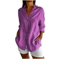 thumbnail image 4 of BiZtdJrK Button Down Shirts for Women Plus Size V Neck 3/4 Sleeve Blouses Loose Fit Dressy Casual Shirt Fashion Street Tunic Tops Purple S, 4 of 10
