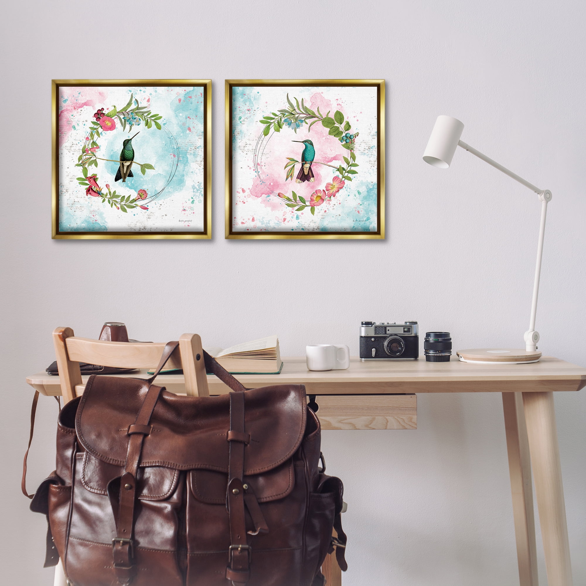 Stupell Industries Hummingbirds in Wreaths Animals Painting Gold Floater Framed Canvas Art Print Wall Art, 18 x 18, Set of 2