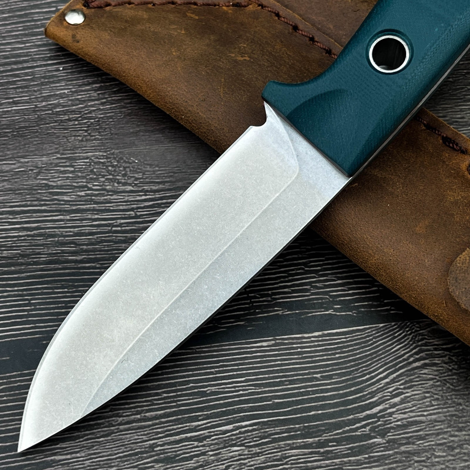9.06'' Full-Tang D2 Steel Fixed Blade Knife, Teal G10 Handle & Leather Sheath for Camping Hiking