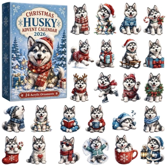 CQHVKQ Christmas Husky Advent Calendar 2026, 24 Days Christmas Countdown Calendar of Puppy Surprise, Christmas Themed 2D Acrylic Husky Ornaments Advent Calendar for Dog Lover Gifts, Xmas Tree Decor