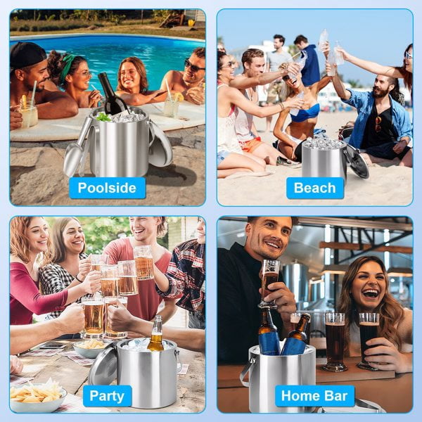imerelez 3L Ice Holder Ice Container Double-Wall Stainless Steel Insulated Ice Bucket 3L Ice Holder Ice Container with Lid Scoop Strainer Handle for Wine Champagne Beer Parties Cocktails