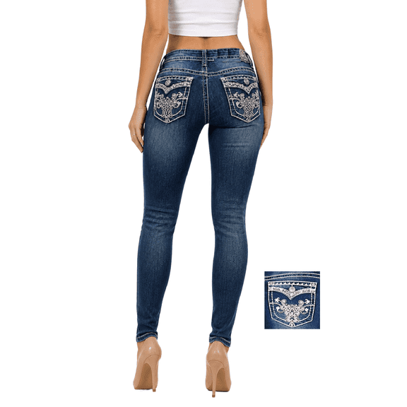Jack David Premium Women's Bootcut Rhinestone Mid Rise Bootcut Stretchy Denim Jeans Pants