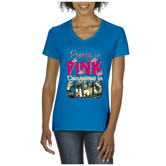 Women's T-Shirt V-Neck Short Sleeve - Pretty in Pink Dangerous in Camo