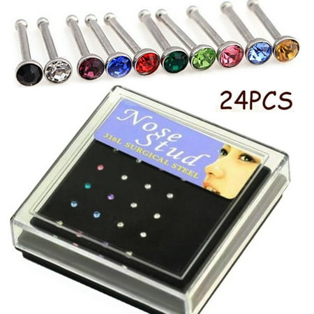 24pcs Nose Rings Studs Crystal Rhinestone Surgical Steel Nose Ring (Mixed (Best Non Surgical Nose Job)