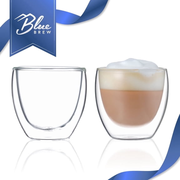 BLUE BREW 2PK 2.5oz Double Walled Insulated Glass Coffee Mug (75ml), Glass Cups, Drinking Glasses, Drinkware glass set, Clear Glass, BB1018