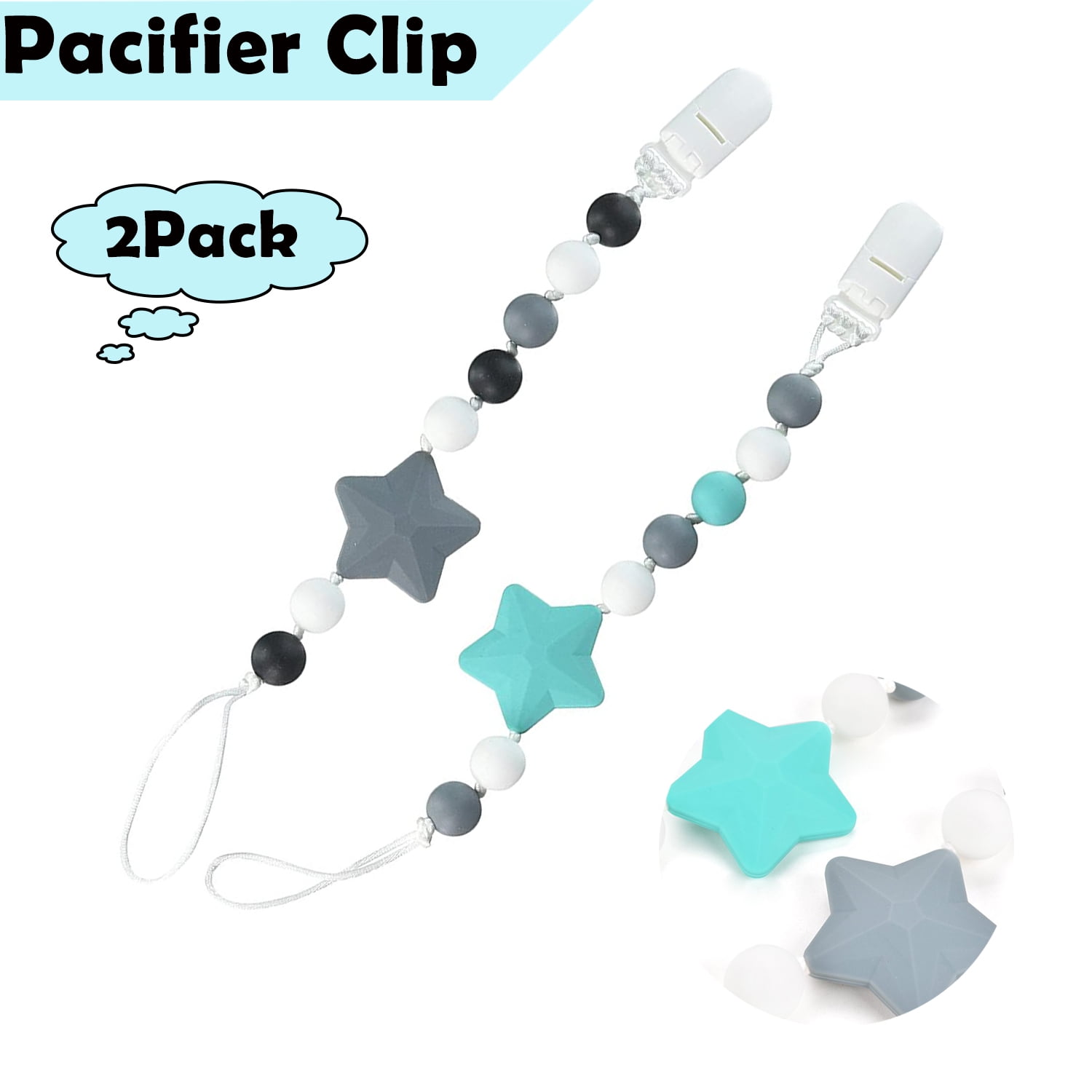 Pacifier Clips BPA Free Silicone Beaded Binky Holder and Cotton Rope/Natural Holder for Boy and Girl Teething Holder Infant Baby Shower Gift （2 Pack Grey） 