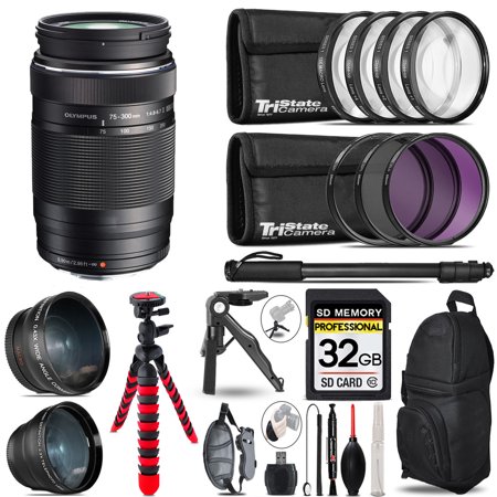 Olympus M.Zuiko Digital ED 75-300mm f/4.8-6.7 II Lens- 3 Lens Kit + Tripod + Backpack - 32GB Accessory Bundle