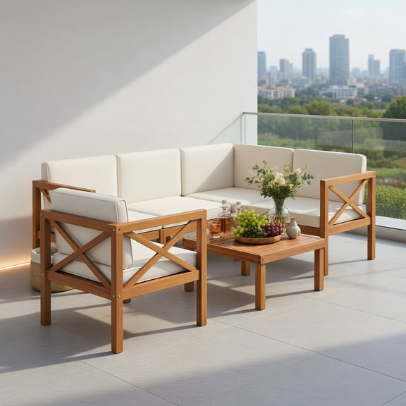 Resenkos 6-Piece Acacia Wood Outdoor Patio Sectional Set with Off-White Cushions – Modular Garden Sofa, Corner & Armless Pieces, Square Coffee Table for Backyard, Poolside & Deck