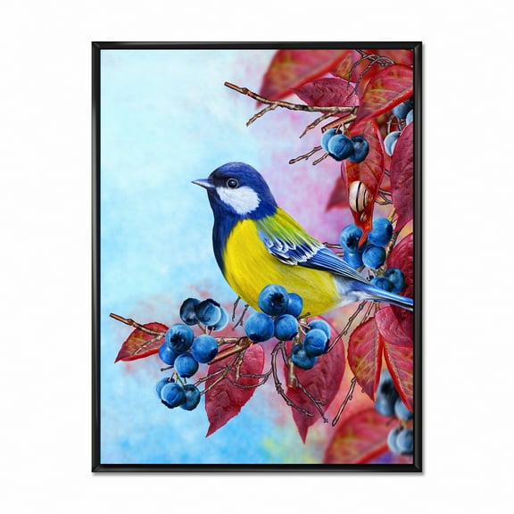 Designart 'Bright Bird Bullfinch Sitting On A Branch of Berries II' Traditional Framed Canvas Wall Art Print