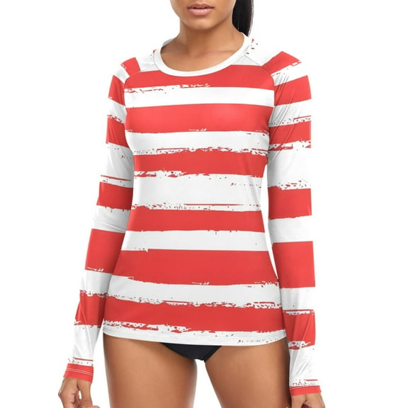 joogoo Womens UPF 50  Rash Guard Red and White Stripes Long Sleeve UV Protection Sun Shirts Tops S