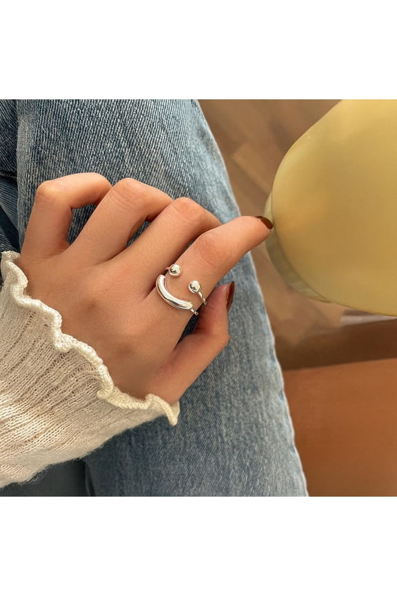 - 925 Sterling Silver Ring Adjustable Silver Band With Smiley Face Design | Dainty Statement Jewelry For Women