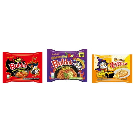 3 Packs Samyang Korean Artifical Spicy Chicken Stir Fried Ramen Roasted Noodles 3 Different Flavors (2x Spicy,Habanero Lime,Quattro Cheese) Plus NineChef Brand Long Handle Coffee Spoon