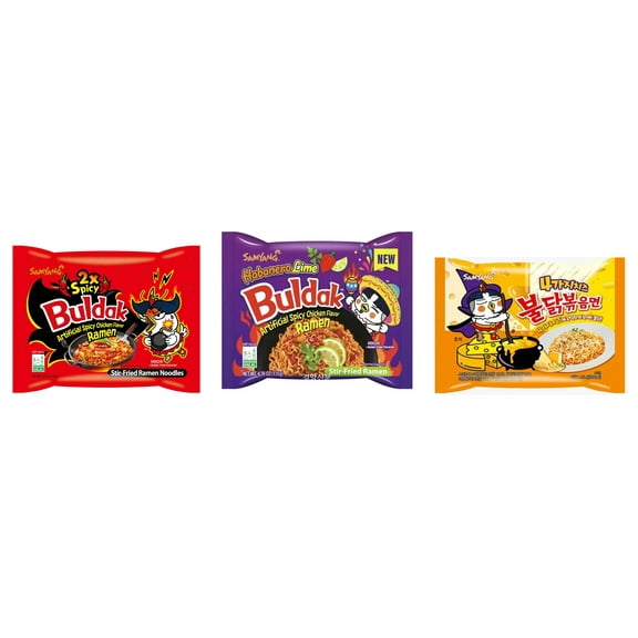 3 Packs Samyang Korean Artifical Spicy Chicken Stir Fried Ramen Roasted Noodles 3 Different Flavors (2x Spicy,Habanero Lime,Quattro Cheese) Plus NineChef Brand Long Handle Coffee Spoon