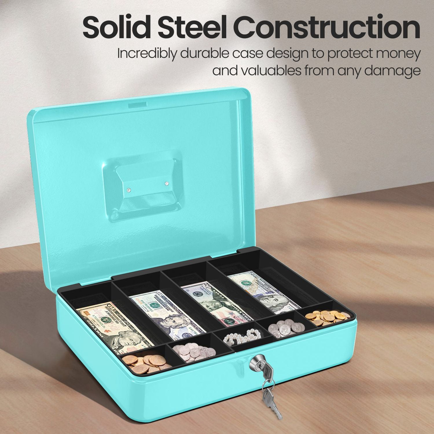 Cash Box with Money Tray and Lock - Metal Cash Box for Small Businesses, 9-Compartment Blue Money Box with Lock and Key for Petty Cash, Checks, Coins, Portable Money Box for Cash Storage
