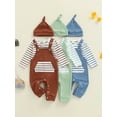 thumbnail image 3 of Spewahor Infant Baby Boy Fall Clothing Sets 0 3 6 9 12 18 Months Fashionable Long Sleeve Striped Romper with Overalls and Hat 3Pcs Fall Outfits, 3 of 9