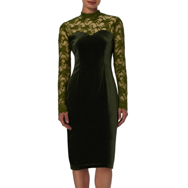 RXMEKW Robe en Velours pour Femmes, Robe Ajustée en Patchwork de Velours avec Garniture en Dentelle