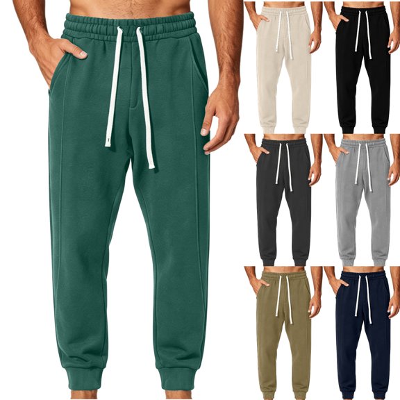 Amkhujs Fall Pants for Men Everyday Running Drawstring Sweatpants with Pockets Trendy Solid Ankle Length Joggers