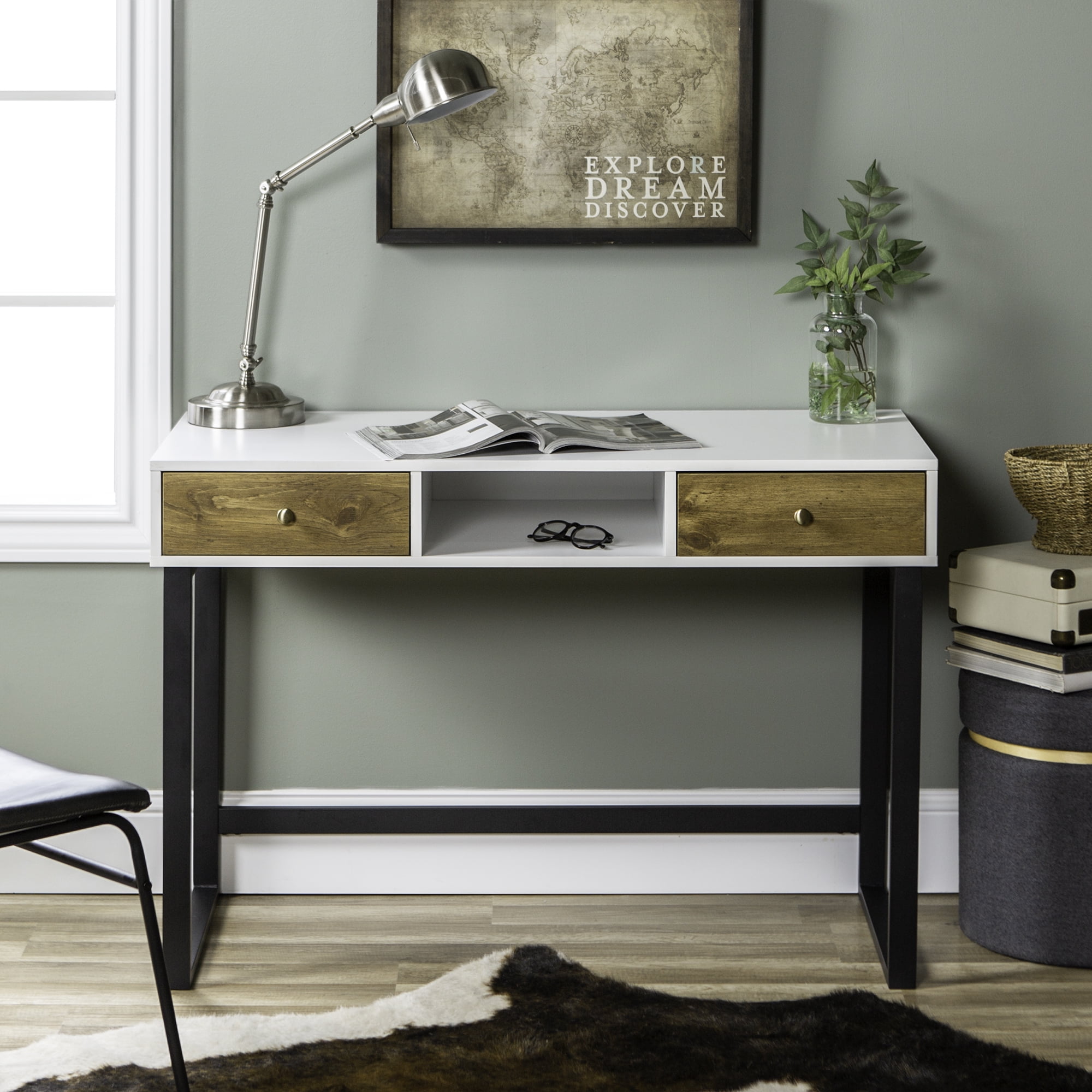 Manor Park Modern Computer Desk With 2 Drawers White Barnwood