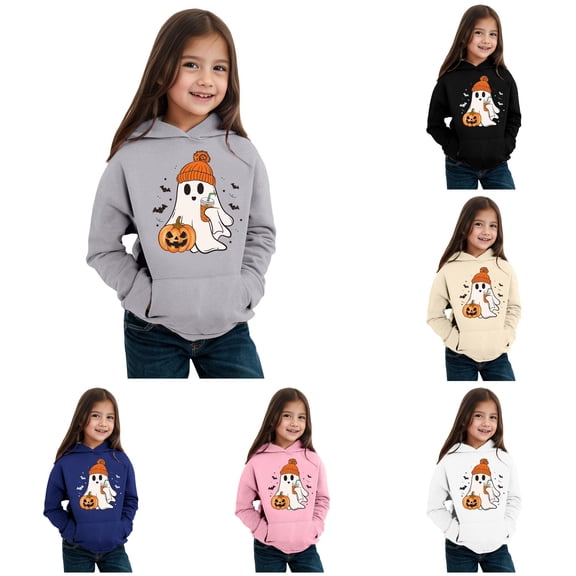 Vividxx Hoodies For Girls Toddler Halloween Pumpkin Ghost Print Hoodie Warm Long Sleeve Pullovers Tops Kids Classic 10-12Years