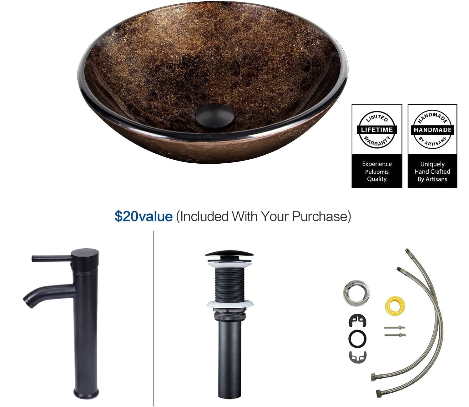 Elecwish 16.5'' Round Tempered Glass Bathroom Vessel Sink Brown Washing Basin Bowl,  Faucet Pop up Drain Set